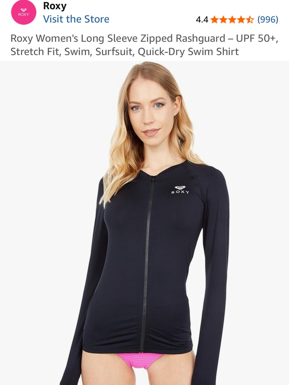 Roxy Black Long-Sleeve Zipped Rashguard XS